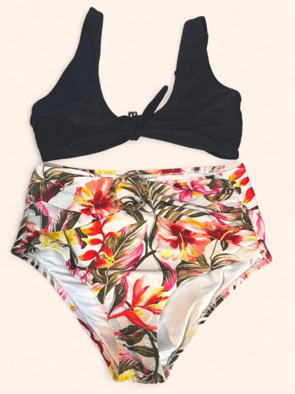 Old Navy Black Bikini Top with Tropical Floral High-Waist Bottoms